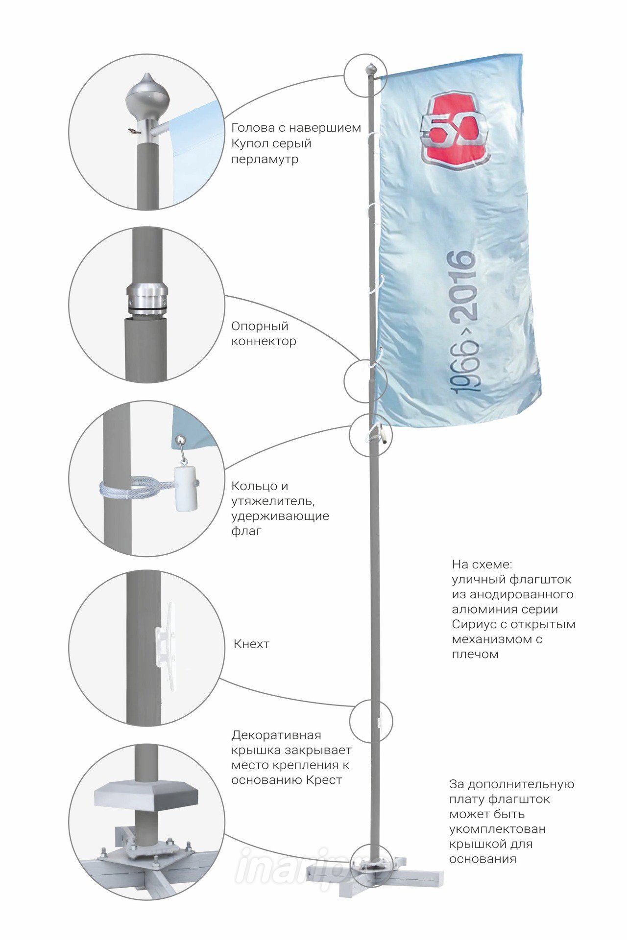 Купить флагшток алюминиевый с открытым механизмом с плечом баннер-бар 10 м  | INARI